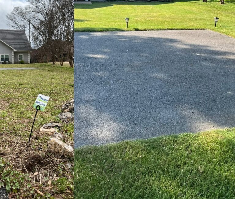 A before and after photo showing a lawn that was dying and full of weeds that was transformed into a beautiful weed free lawn after receiving lawn care treatments